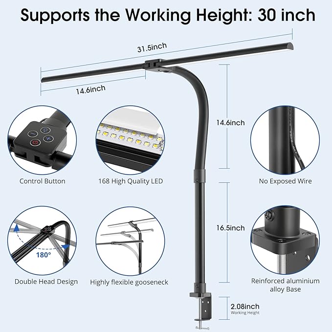 LED Desk Lamp, 24W Double Head Desk Lamp with Clamp, Modern Eye Caring Architect lamp with 5 Color Modes and 5 Dimmable, for Workbench, Monitor, Reading, Home Office - LeafyLoom