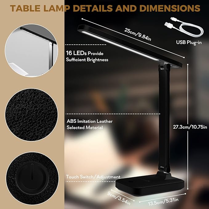 LED Desk Lamp with Touch Control, Reading Lamp No Flicker, 3 Color Modes, Foldable Table Lamp, Eye Caring Reading Light for Office, Home, Dormitory, USB Interface DC5V 1A(Black) - LeafyLoom