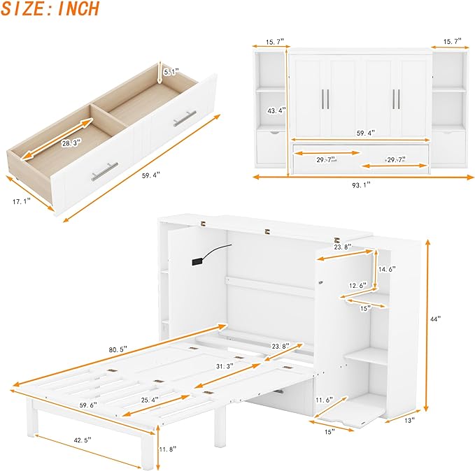 Queen Size Murphy Bed Foldable into Cabinet, Wooden Platform Bedframe with Shelves, Drawers and USB Ports, for Bedroom/Living Room, White - LeafyLoom