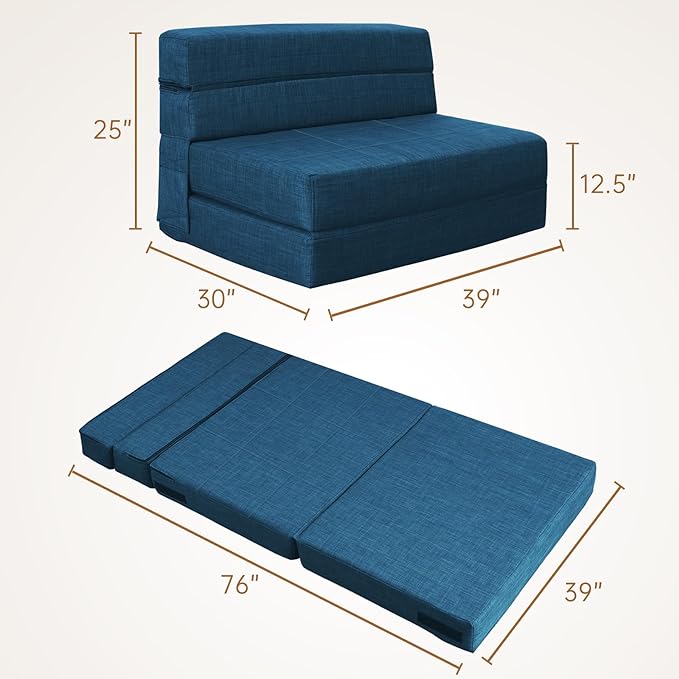 Folding Sofa Bed Couch Memory Foam with Pillow Sleeper Chair Lazy Couch Twin Size Futon Convertible Guest Beds,Washable Cover,Dark Blue - LeafyLoom