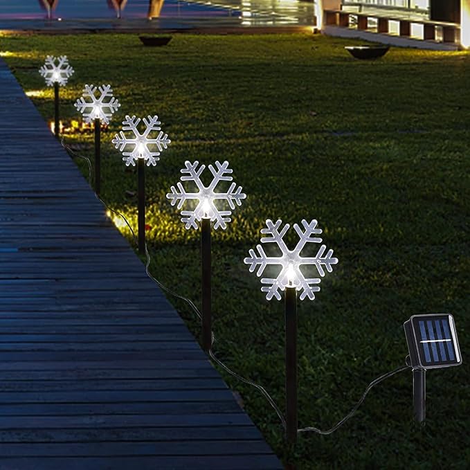 Christmas Snowflake Pathway Lights, 5 Pack Solar Christmas Stake Markers with Cool White Fairy Lights for Outdoor Holiday Walkway Patio Garden Christmas Decorations (5PCS-Cool White-Snow) ILLUMINEW