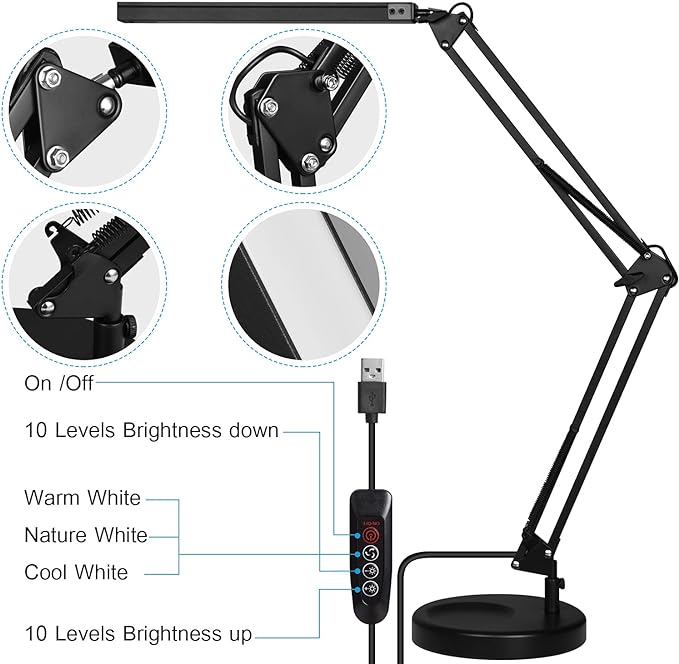 LED Desk Lamp with Clamp and Round Base,Eye Caring Table Lamp with Swing Arm,3 Color Modes 10 Brightness Levels,Memory Function, Desk Light for Home Office with USB Adapter Black-14W - LeafyLoom