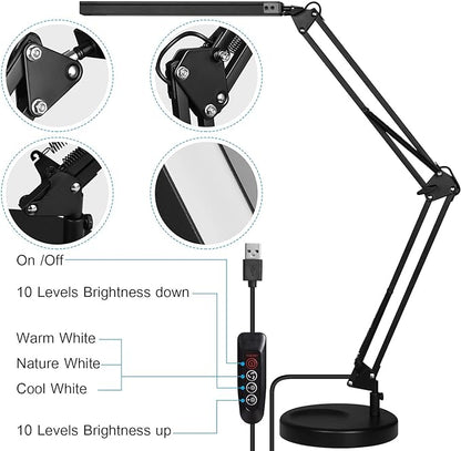 LED Desk Lamp with Clamp and Round Base,Eye Caring Table Lamp with Swing Arm,3 Color Modes 10 Brightness Levels,Memory Function, Desk Light for Home Office with USB Adapter Black-14W - LeafyLoom