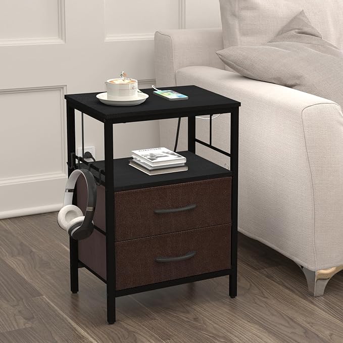 Nightstand with Charging Station, Side Table with Fabric Drawers and Open Shelf, Night Stand for Bedroom Decor, Bedside Table with USB Ports & Outlets (Black,1) - LeafyLoom