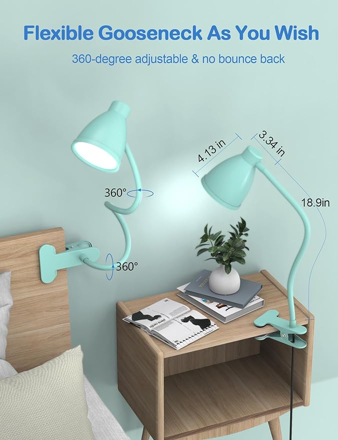 BOHON Desk Lamp with Clamp, 10W 38 LED Clip on Light, 3 Color 10 Brightness Auto Off Timer, Flexible Gooseneck Clip Lamp, Desk Lights for Office Home Bed Bedside Reading, Adapter Include, Teal - LeafyLoom