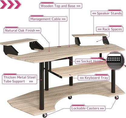 Acme Eleazar Wooden 3-Shelf Music Recording Studio Desk in Natural Oak - LeafyLoom