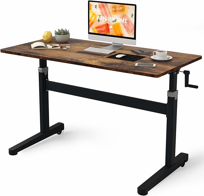 Manual Standing Desk Adjustable Height- Crank Mobile Standing Desk 55 x 24 Inches Sit Stand Desk Frame & Top, Stand Up Desk on Wheels, Computer Desk Black Frame & Rustic Brown - LeafyLoom