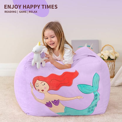 Aubliss Unicorn Stuffed Animal Storage Bean Bag Chair for Kids, Velvet Extra Soft Beanbag Chairs Cover, X-Large Stuffable Zipper Bean Bag for Organizing Plush Toys Girls Bedroom Decor, Purpl - LeafyLoom