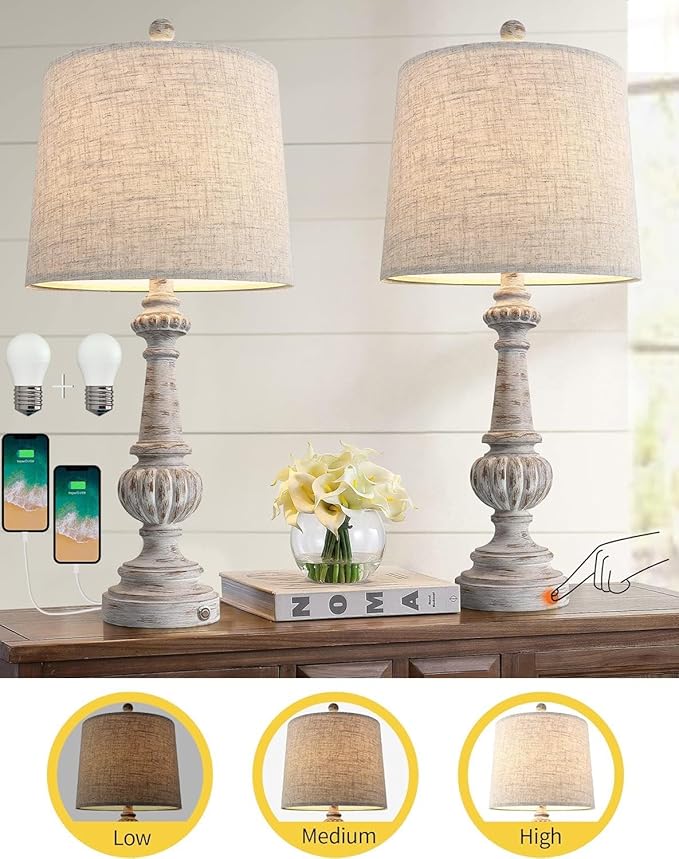 PORTRES 25.75" Traditional 3-Way Dimmable Table Lamp Set of 2 for Living Room Bedside Nightstand Lamps with USB A+C Charging Ports for Bedroom Kids Room Rustic Table Lamps (2 Bulbs Included) - LeafyLoom