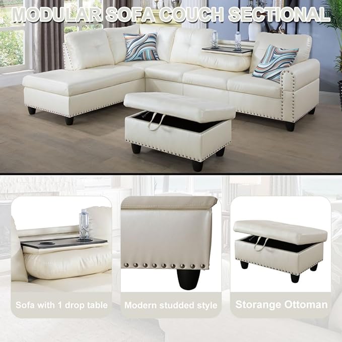 Leather L Shaped Sectional Ottoman Modern Nail-Head Design Comfy Lounge Modular Sofa with Cup Holder & Chaise for Living Room, Bedroom, Office, L Couch White - LeafyLoom