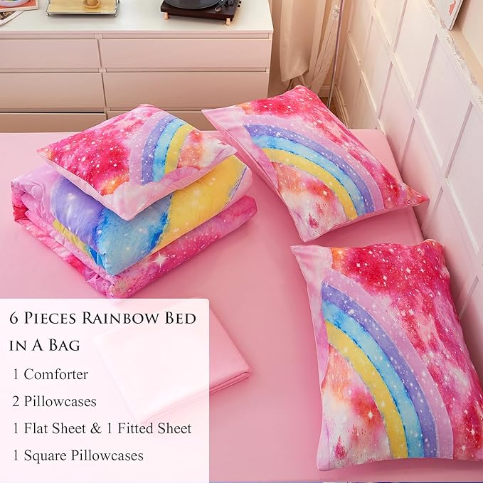 Rainbow Twin Size Comforter Set for Girls 6 Pieces Sparkle Tie Dye Pink Girls Bedding Comforter Sets Galaxy Kids Bed Comforter Sets Gradient Glitter Soft Bed in A Bag with Sheets - LeafyLoom