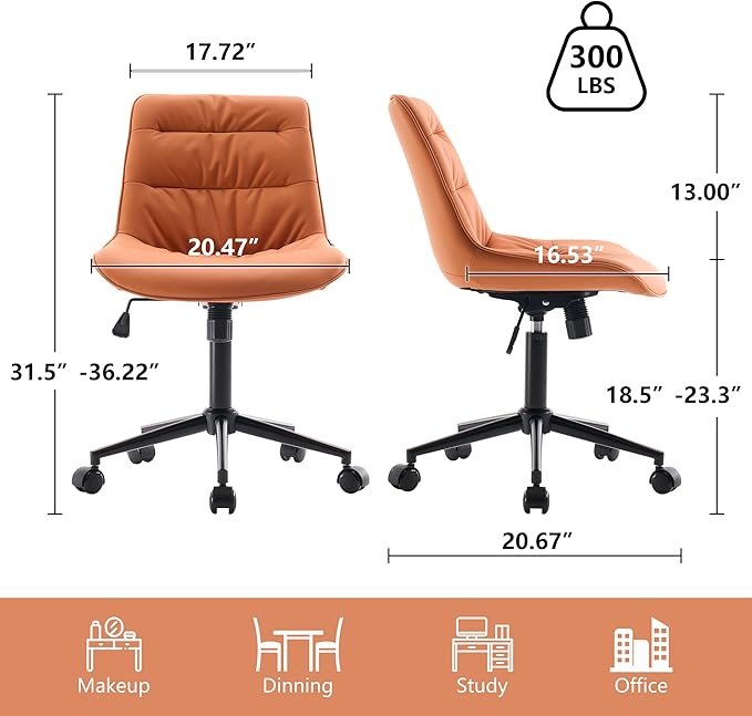 Kidol & Shellder Armless Office Chair Desk Chair Comfy Makeup Vanity Chair with Back Ergonomic Swivel Chair Home Office Desk Chairs with Wheels Computer Chair Bedroom Accent Chair(Matte Orange) - LeafyLoom