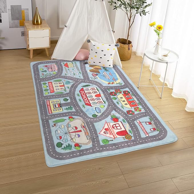 Non-slip Kids Playmat Rug for Playroom, 3'x 5' Blue Washable Children's Educational Rugs, Learning & Have Fun Safely City Life Road Traffic Play Mat Carpet for Baby Room Bedroom - LeafyLoom