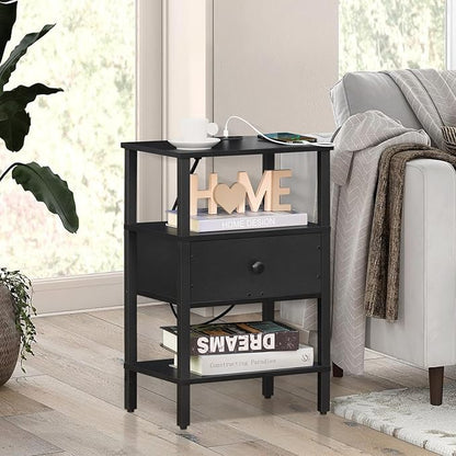 Lerliuo Nightstand with Charging Station and USB Ports, 3-Tier Storage End Table with Drawer Shelf, Night Stand for Small Spaces, Wood Bed Side Table for Living Room, Bedroom - Classic Black - LeafyLoom