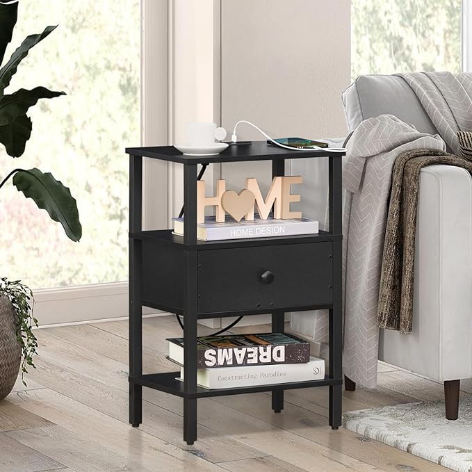 Lerliuo Nightstand Set of 2 with Charging Station and USB Ports, 3-Tier Storage End Table with Drawer Shelf, Night Stand for Small Spaces, Wood Bedside Table for Living Room, Bedroom - Classic Black - LeafyLoom