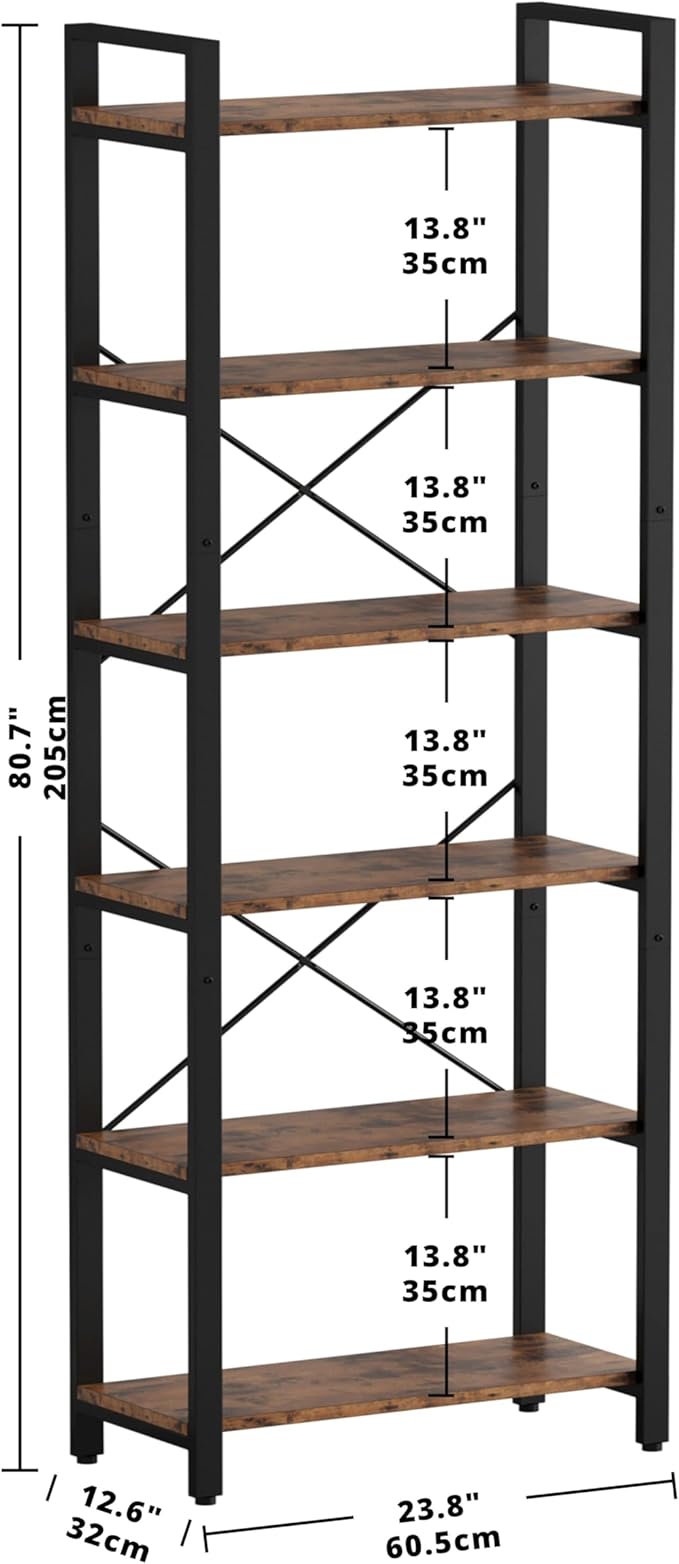 IRONCK Bookshelf 6-Tier Ladder Shelf 110lbs/shelf Display Shelf Vintage Industrial Style Bookcase for Home Office, Living Room - LeafyLoom