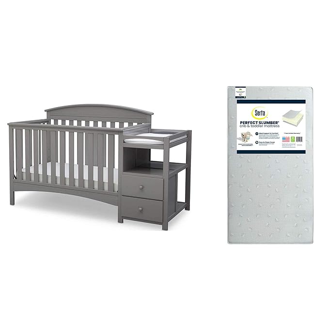 Delta Children Abby Convertible Crib 'N' Changer, Grey + Serta Perfect Slumber Dual Sided Recycled Fiber Core Crib and Toddler Mattress (Bundle) - LeafyLoom