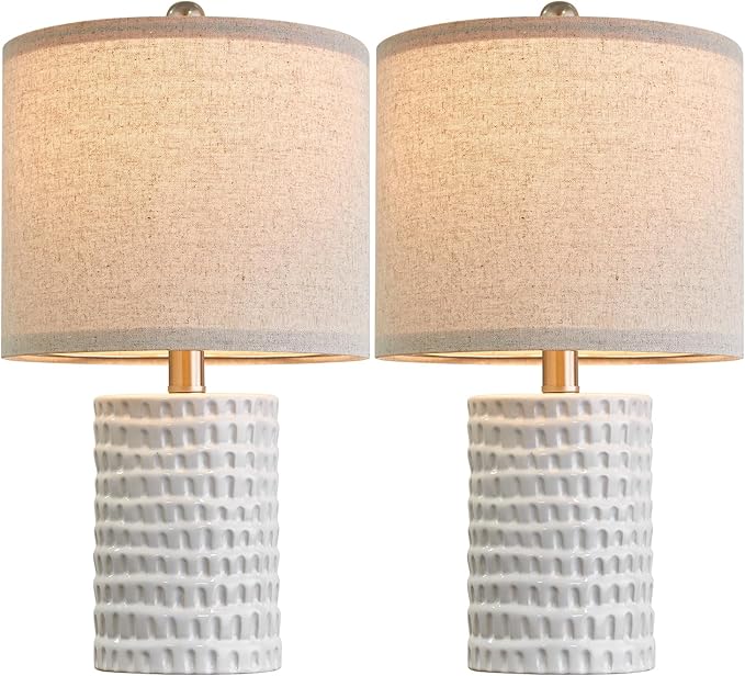 PORTRES 18.25" Modern Accent Ceramic Table Lamp Set of 2 for Bedroom White Desk Decor Bedside Lamps for Living Room Study Room Office Dorm Farmhouse Nightstand Lamp End Table Lamps - LeafyLoom