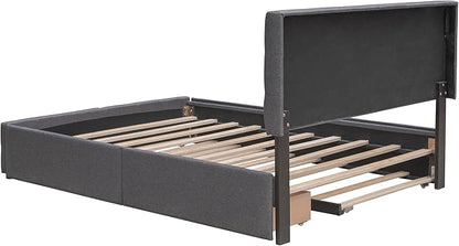 Queen Size Platform Bed, Queen Linen Fabric Upholstered Platform Bed Frame with 2 Storage Drawers and 1 Twin XL Trundle, Ideal Bedroom Furniture, No Box Spring Needed, Dark Gray - LeafyLoom