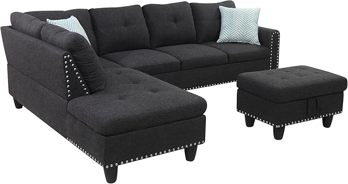 Sectional Sofa Set with Storage Ottoman, L Shape Linen Upholstered Modular Couch & Chaise Lounge, Flip-up Armrest Cup Holder, Furniture for Living Room Home Office, Gray, 98inch, Grey-3 - LeafyLoom