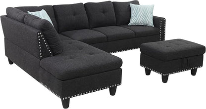 Sectional Sofa Set with Storage Ottoman, L Shape Linen Upholstered Modular Couch & Chaise Lounge, Flip-up Armrest Cup Holder, Furniture for Living Room Home Office, Gray, 98inch, Grey-3 - LeafyLoom