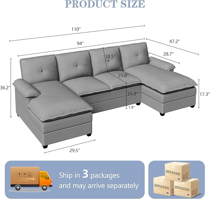 Shintenchi 110" Modular Sectional Couches for Living Room, U-Shaped Sofa Couch with Double Chaise, 4 Seat Sofa Sets with Thick Cushion & Soft Backrest, Light Grey - LeafyLoom