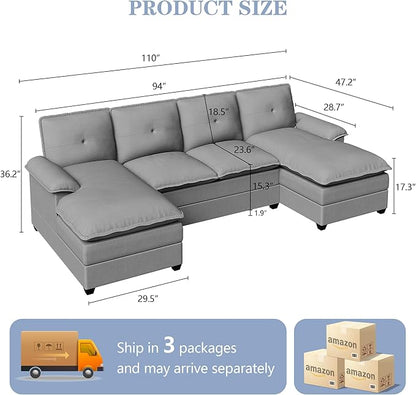 Shintenchi 110" Modular Sectional Couches for Living Room, U-Shaped Sofa Couch with Double Chaise, 4 Seat Sofa Sets with Thick Cushion & Soft Backrest, Light Grey - LeafyLoom