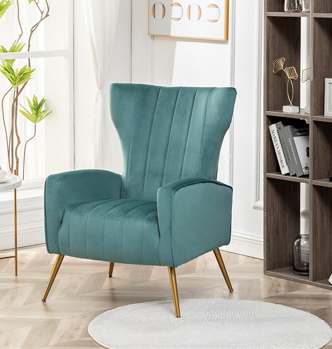 Armchair Modern Velvet Accent Chair, Channel Tufted Bedroom, Office or Living Room Furniture with Elegant Metal Legs, Teal - LeafyLoom