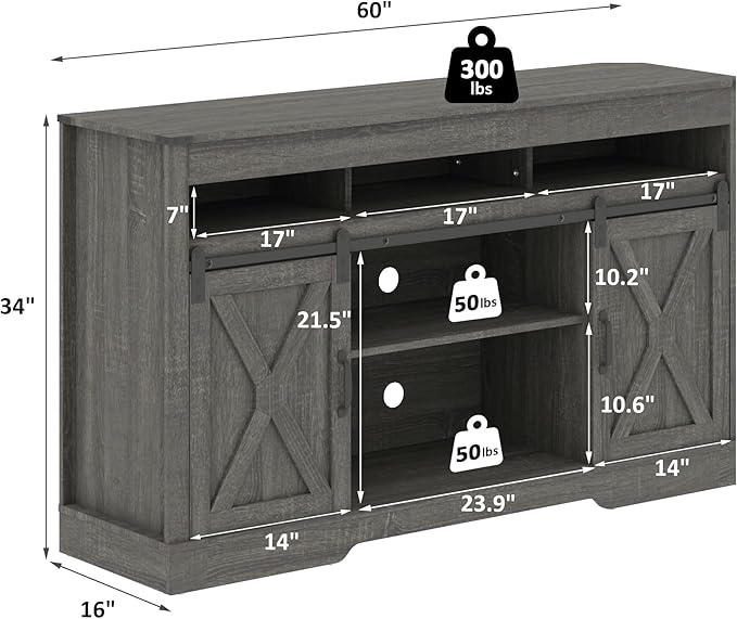 farmhouse 65+ Inch TV Stand, Tall Entertainment Center for Living Room, Bedroom, Dark Grey - LeafyLoom