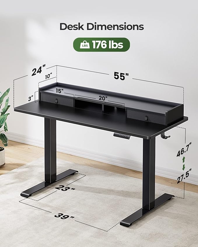 Marsail Electric Standing Desk with Double Drawers, 55x24 Inches Height Adjustable Desk with Storage Shelf,Sit Stand Desk with 4 Memory Preset,2 Hooks, Stand Up Desk for Home Office,Black - LeafyLoom