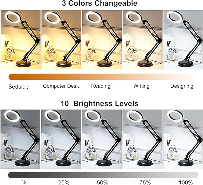 DLLT Dimmable Swing Arm Desk Lamp with Clamp, 68 LED Flexible Architect Work Lamp, 3 Colors 10 Brightness, Adjustable Desk Lamp, Multi-Joint Table Lamp for Study, Office, Computer, Art, Work Lighting - LeafyLoom