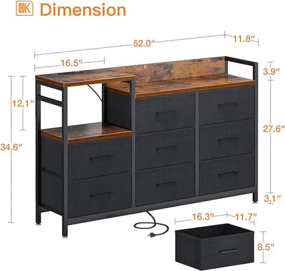 ODK Dresser with Charging Station, 52-Inch Long Dresser TV Stand for Bedroom, Large Dresser with 8 Storage Drawers, Chest of Drawers Easy-Pull Fabric Dressers for Living Room, Vintage and Black - LeafyLoom