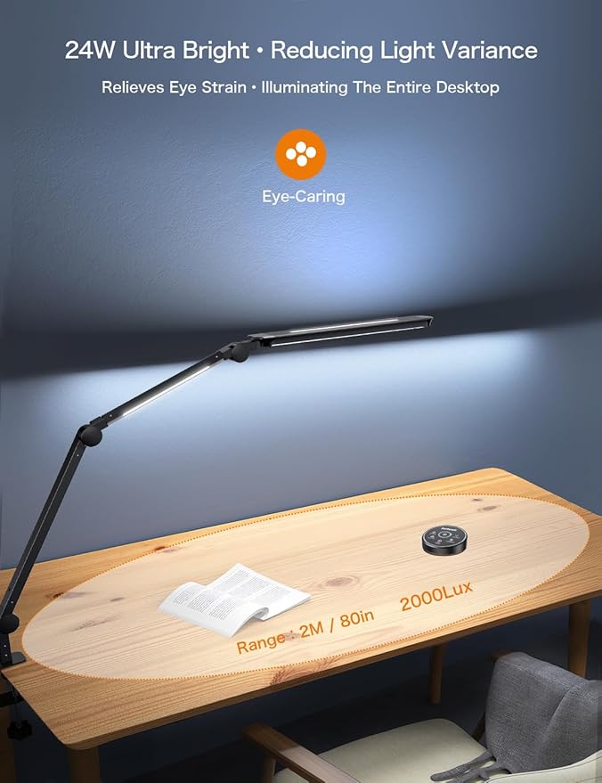 Sky LED Desk Lamp with Remote Control - Three Light Sources・24W・Ajustable Atmosphere Lighting - Flexible Swing Arm, 4 Color Modes & 4 Brightness, Architect Desk Lamp with Clamp for Home Office - LeafyLoom