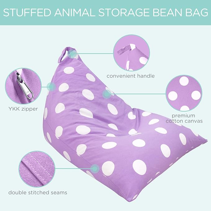 Aubliss Stuffed Animal Storage Bean Bag Chairs Cover, 50"x 35" Extra Large Bean Bags Chair for Kids & Adults, Beanbag Toy Storage for Boys Girls - Premium Cotton Canvas Purple Dot - LeafyLoom