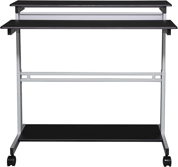 Stand Up Desk Store Rolling Adjustable Height Two Tier Standing Desk Computer Workstation (Silver Frame/Black Top, 48" Wide) - LeafyLoom