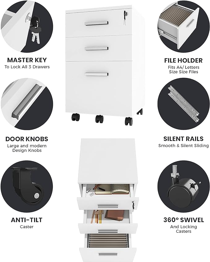 Lazio 26 Inch File Cabinet with Lock - Filing Cabinet for Home and Office - 3 Drawer File Cabinet with Wheels for A4 Sized Letters/Documents, Legal Sized Documents, Hanging File Folders - White/White - LeafyLoom