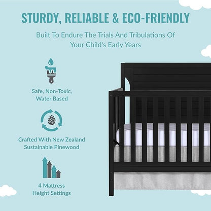 Cape Cod 5-In-1 Convertible Crib In Black, Greenguard Gold And JPMA Certified, Built Of Sustainable New Zealand Pinewood, 3 Mattress Height Positions - LeafyLoom