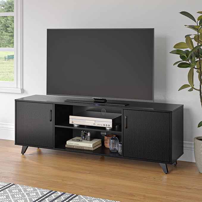 Panana TV Stand Television Stands TV Console Unit with Shelf and 2 Doors Storage Cabinets for Living Room Bedroom for TVs up to 70 Inches (Black, 62.99 inch) - LeafyLoom