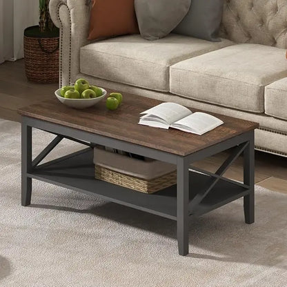 ChooChoo Oxford Coffee Table, Wooden Coffee Table with Thicker Legs, Black Coffee Table with Storage for Living Room - LeafyLoom