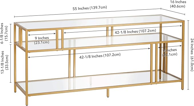 Henn&Hart Rectangular TV Stand with Glass Shelves for TV's up to 60" in Brass, TV Stands for the Living Room - LeafyLoom