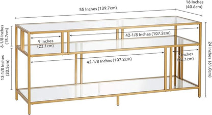 Henn&Hart Rectangular TV Stand with Glass Shelves for TV's up to 60" in Brass, TV Stands for the Living Room - LeafyLoom