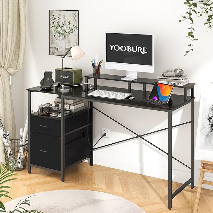 Yoobure Computer Desk, Gaming Desk with LED Lights & Power Outlets, Office Desk with Fabric File Cabinets, 55.1" Gaming Table with Long Monitor Stand, PC Gamer Desk with Drawers for Home office, Black - LeafyLoom