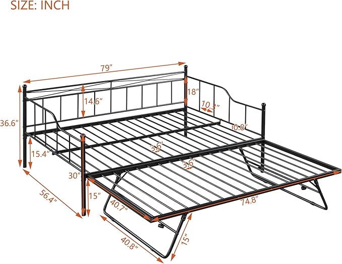 Full Daybed with Trundle Bed Twin, Metal Day Bed Frame with Pop Up Trundle, Metal Sofa Bed with Portable Folding Trundle for Bedroom, Living Room, Guest Room, Home, No Box Spring Needed, Black - LeafyLoom