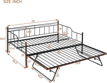 Full Daybed with Trundle Bed Twin, Metal Day Bed Frame with Pop Up Trundle, Metal Sofa Bed with Portable Folding Trundle for Bedroom, Living Room, Guest Room, Home, No Box Spring Needed, Black - LeafyLoom