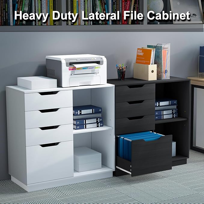 4 Drawers Lateral File Cabinets, Wood Filing Cabinet, Printer Stand with Open Storage Shelves for Home Office, 6 Compartments, White - LeafyLoom