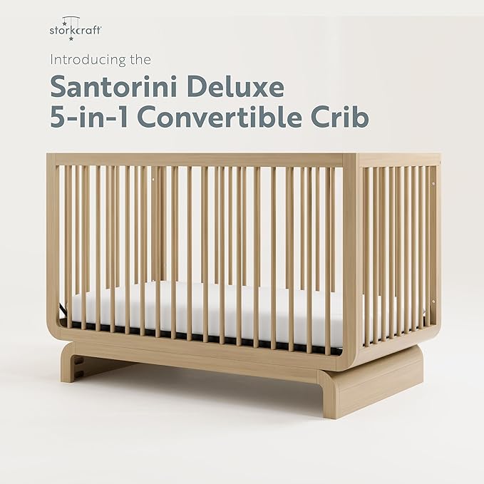 Storkcraft Santorini Deluxe 5-in-1 Convertible Crib with Bonus Toddler Guardrail (Driftwood) – GREENGUARD Gold Certified, Toddler Guardrail Included in Box, Fits Standard Crib Mattress - LeafyLoom