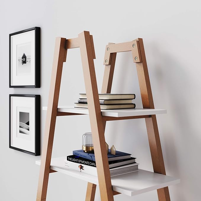 Nathan James 62201 Carlie 5-Shelf Ladder Bookcase, Display or Decorative Storage Rack with White and Rove Brown Wooden Ladder Shelves - LeafyLoom