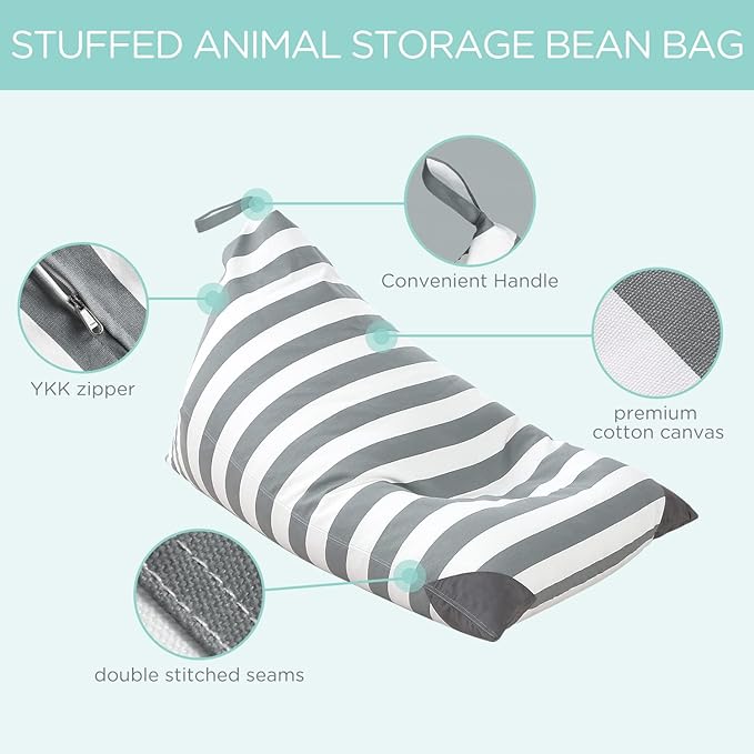 Aubliss Stuffed Animal Storage Bean Bag Chairs Cover, 50"x 35" Extra Large Bean Bags Chair for Kids Adults, Beanbag Toy Storage for Boys Girls - Premium Cotton Canvas Grey Stripe - LeafyLoom