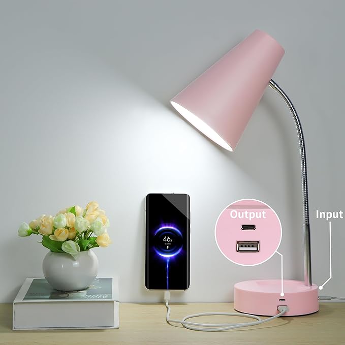 RUNTOP Pink Desk Lamp, Desk Lamps for Home Office, Desk Light for Kids, Desktop/Computer Study Lamps, Bedrooms Adjustable Gooseneck Reading Lamp with USB Port, 5 Brightness Levels, 5 Color Temperature - LeafyLoom