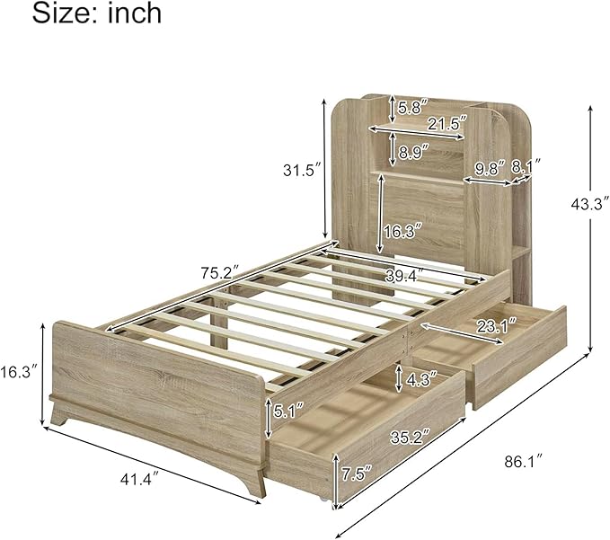 Merax Twin Size Bed Frame with Headboard and 2 Drawers,Kids Wood Platform Bed with Storage Underneath and Functional Headboard - LeafyLoom